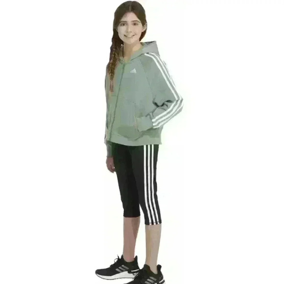 NWT Girls Adidas Zip Up Sweatshirt Hooded Fleece Silver Green Size Large 14 - Picture 2 of 7